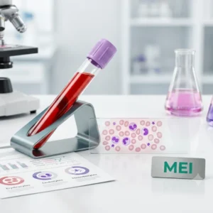 Examen de sangre que analiza glóbulos rojos, glóbulos blancos, hemoglobina, hematocrito y plaquetas para evaluar la salud general.