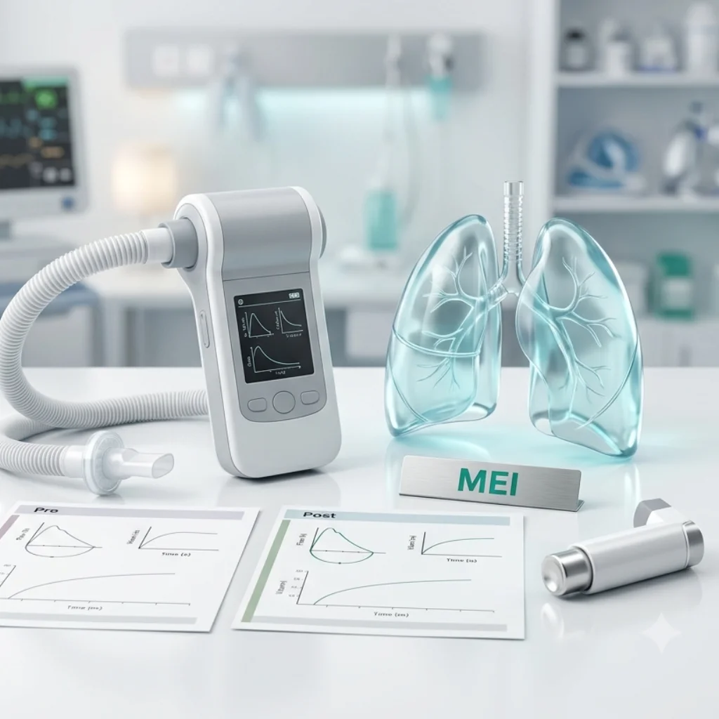 Examen que mide la cantidad y velocidad del aire inhalado y exhalado antes y después de un broncodilatador para evaluar la reversibilidad de la obstrucción de las vías respiratorias.