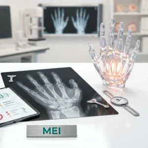 Estudio radiológico que visualiza los huesos y articulaciones de la mano (metacarpianos y falanges) para detectar fracturas, luxaciones y alteraciones articulares.