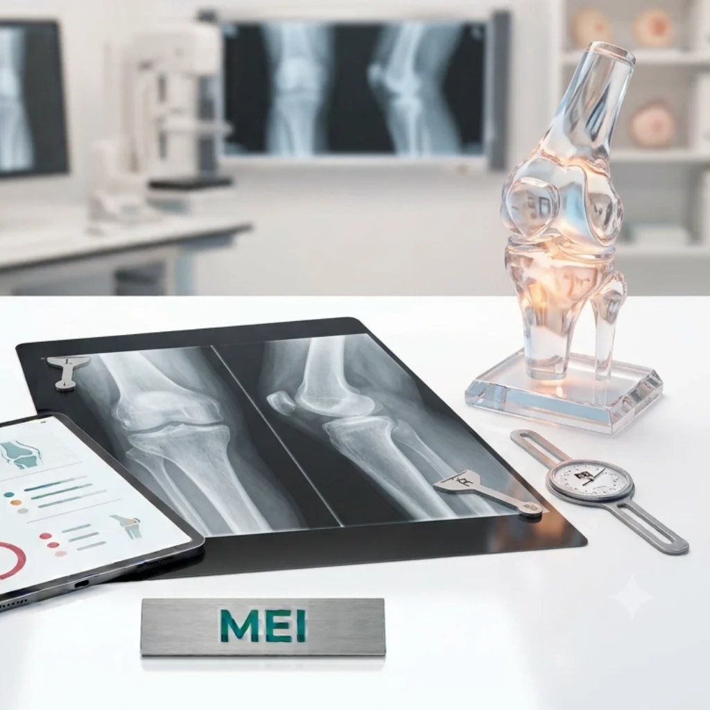 Estudio radiológico que visualiza la articulación de la rodilla en dos proyecciones (anteroposterior y lateral) para evaluar fracturas, luxaciones, artrosis y alteraciones óseas.