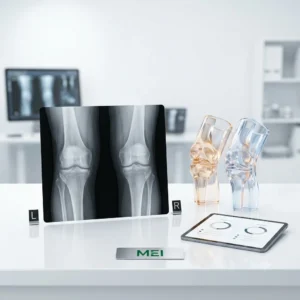 Estudio radiológico comparativo que visualiza ambas rodillas simultáneamente en posición vertical para evaluar asimetrías y alteraciones en la alineación articular.